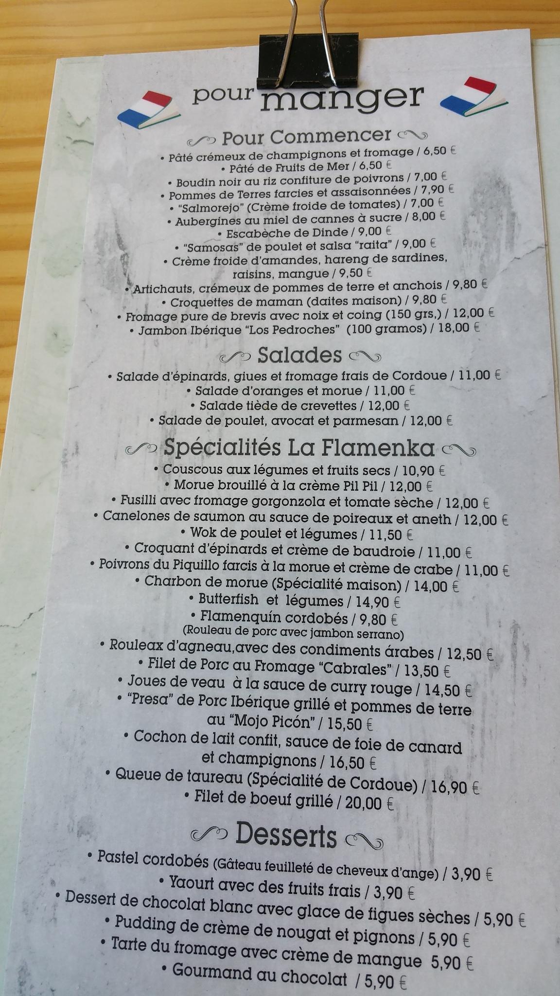 Menu du restaurant